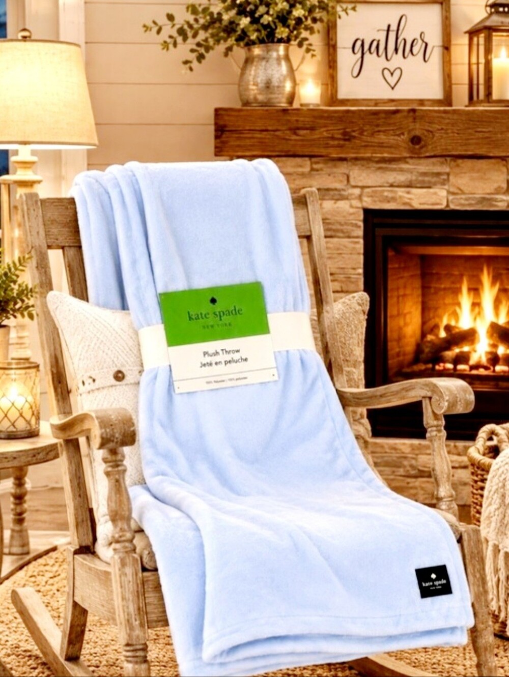 Kate Spade Morning Glory Light Blue Plush Throw Blanket
